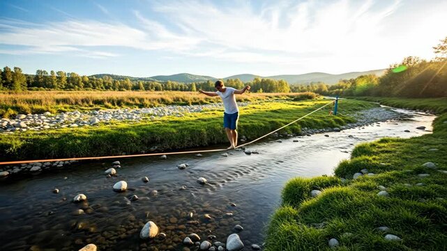 Adventurous slacklining over scenic river in idyllic mountain landscape at golden hour