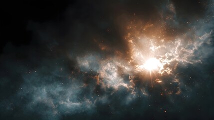 A dramatic cosmic nebula illuminated by a bright radiant sunburst casting ethereal rays through the vast expanse of space
