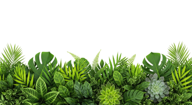 Lush green tropical foliage border transparent background cutout png