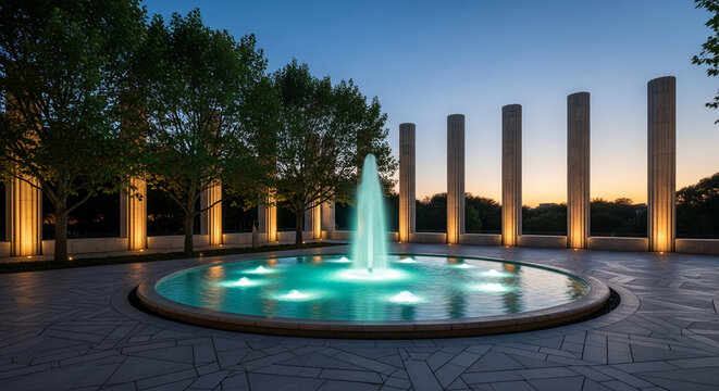 Scenic fountain with turquoise water and rising jet, surrounded by columns and trees against a dusky sky, representing peaceful contemplation and beauty