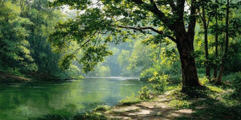 Obraz premium Lush Green Forest Landscape with Tranquil River and Sunlight.