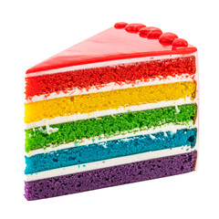 Slice of Rainbow Layer Cake with Frosting Isolated on White Background