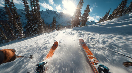 First person view of skiing down a snowy mountain on a clear winter day