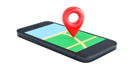 Smartphone with digital map and red location pin navigation concept modern technology travel planning urban exploration isolated on transparency background innovative convenient efficient
