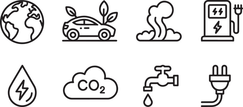 Environmental Icons Earth Electric Car C O2 Cloud and Charging Station planet globe