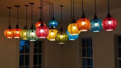 colorful lamps hanging on a wall