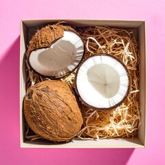 Whole and halved coconuts presented in a decorative box with straw on a vibrant pink background