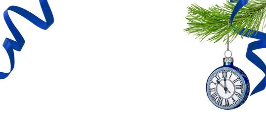 Christmas ornament round blue clock hanging from fir tree branch and satin ribbon with empty space for text isolated on white background with clipping path. Design element. Banner.