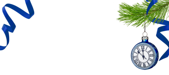 Christmas ornament round blue clock hanging from fir tree branch and satin ribbon with empty space for text isolated on white background with clipping path. Design element. Banner.