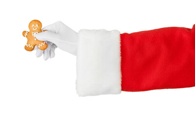 Christmas Santa Claus hand holding or gives gingerbread man isolated on white background with...
