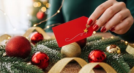Festive woman holding red gift tag with Christmas decorations  