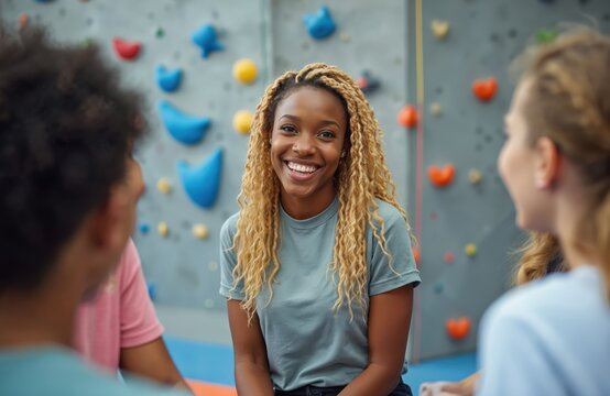 Young black woman with blonde dreadlocks smiles happily at camera. Sits with multiracial friends in indoor climbing gym. Group chats, relaxes after bouldering activity. Enjoy fun time, social - Powered by Adobe