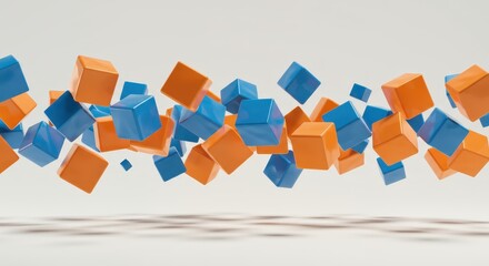 Numerous glossy blue and orange geometric shapes float horizontally above a subtly shaded surface