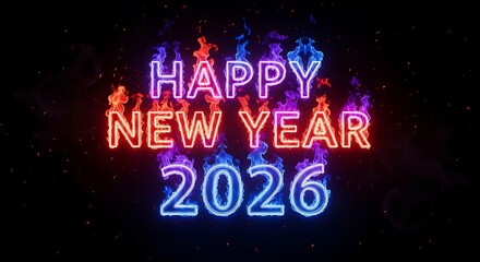 Happy New Year 2026 Fiery Neon Text with Colorful Flames and Glow
