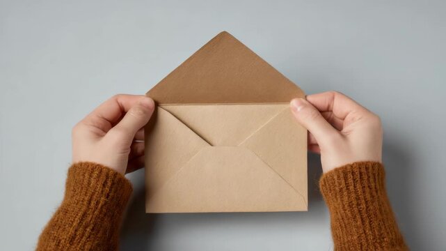 Female hands holding open brown envelope on gray background