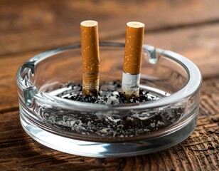 Two extinguished cigarettes stand in a glass ashtray filled with ash and butts on a wooden surface