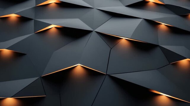 Geometric, dark facade with recessed, warm-toned lights illuminates a multifaceted design.