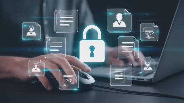 Businessmen using computer and digital security interface protecting confidential business documents and employee data with cybersecurity technology - Powered by Adobe