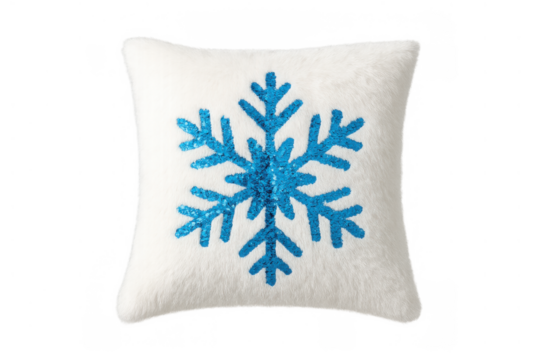 Fluffy white cushion with a sparkling blue snowflake, symbolizing winter and christmas decor. Transparent background