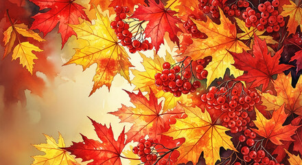 Watercolor painting of red and yellow maple leaf and rowan fruit, representing autumn season, foliage, harvest time, and festive atmosphere, free space