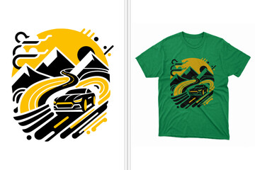 vector t-shirt design of a road journey with scenic landscape in yellow and black print