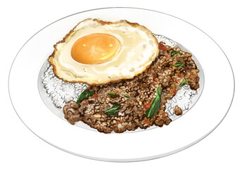 Pad krapao Thai Basil Beef and Fried Egg Illustration