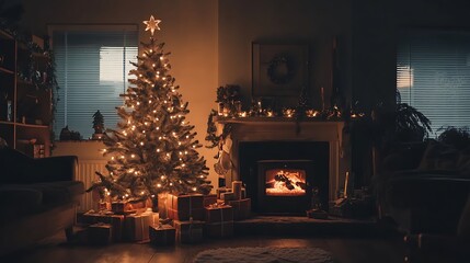 Christmas room glowing tree beside flickering fireplace and neatly placed presents