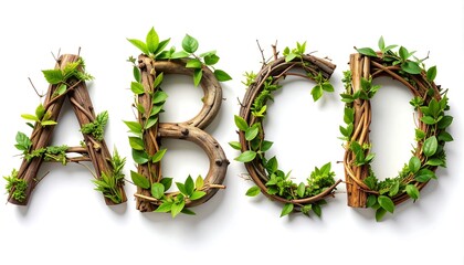 Alphabet letters abcd crafted from natural branches and green leaves on a white background