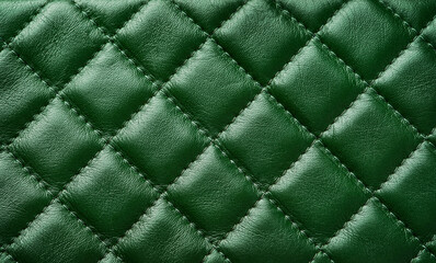 Fototapeta premium Green leather texture background with diagonal stitching. Close up seamless green leather with diagonal diamond stitching. Design element.