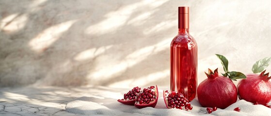 Juicy pomegranates and wine bottle on marble