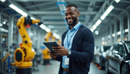 Black male chief engineer examines data on tablet in automated car factory. Oversees robot arm assembly line production of electric vehicles. Focused professional working with advanced technology