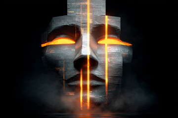 Abstract Stone Face with Glowing Lines and Futuristic Aesthetic on a Black Background