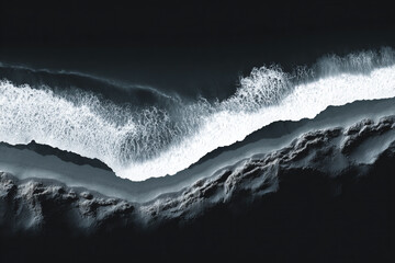 Aerial View of Black Sand Beach and Waves with Striking Monochrome Color Scheme