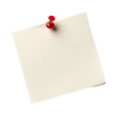 A square beige sticky note pinned with a red pushpin against a stark black background in a studio shot