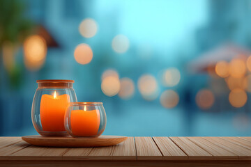 Candlelit Scene, Two Lit Candles in Glass Jars on A Wooden Surface Against a Bokeh Background