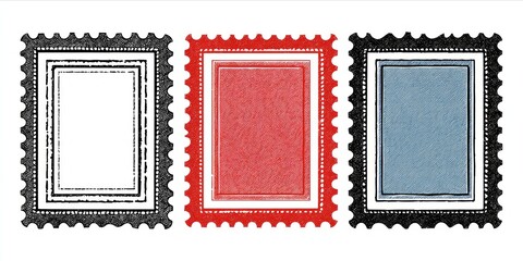 Vintage postage stamps set: black, red and blue in a row on white background, design elements for craft projects.
