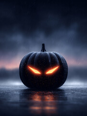 Sinister Pumpkin Illuminated by Glowing Eyes in a Dark and Rainy