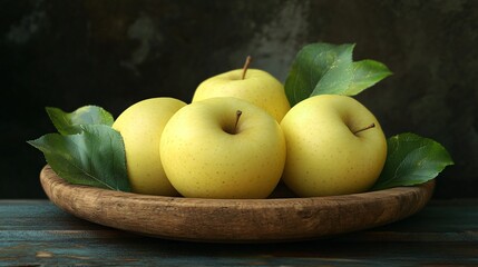 Vibrant Yellow Apples with Fresh Green Leaves