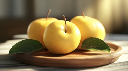 Fresh Yellow Apples on Wooden Plate