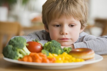 A boy's challenging food choice: healthy vegetables or a sweet donut.