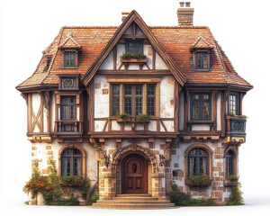 Fototapeta premium Charming Tudor-Style House with Stone and Timber Facade Isolated on White Background, Detailed Architecture