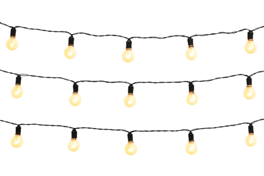 Warm yellow string lights glow softly across three rows, creating a festive and cozy decorative ambiance.Decorative wire balls and string lights or Christmas and New Year cotton ball light garland Png