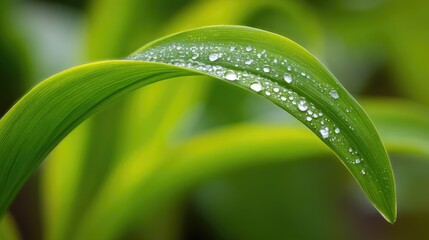 Close up of a curved green leaf with water droplets against blurred background