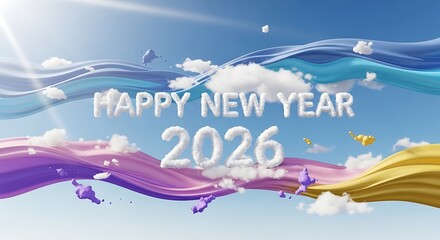 Happy New Year 2026 cloud text colorful flowing fabric sky design

