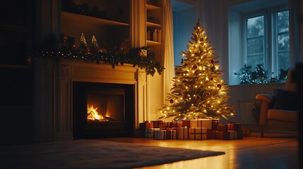 Glowing christmas tree with presents under soft fireplace light in living room