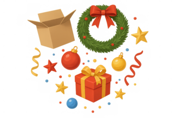 Christmas holiday gifts and festive decorations set with wreath, baubles, present box, confetti, and an open cardboard box