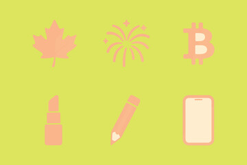 Collection of six stylized icons representing diverse concepts including a cannabis leaf a sunburst bitcoin a bullet a pen and a smartphone on a bright yellow background