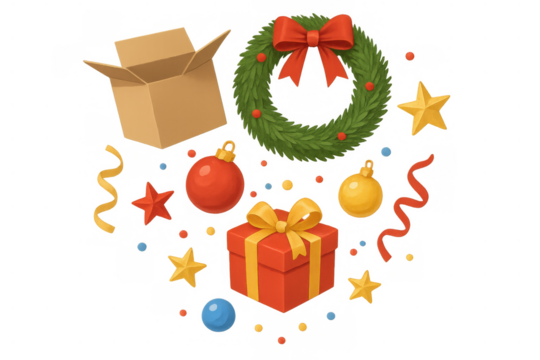 Christmas holiday gifts and festive decorations set with wreath, baubles, present box, confetti, and an open cardboard box