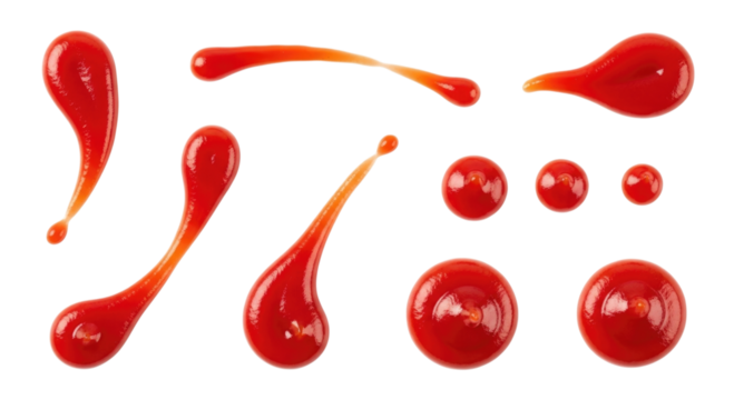 Collection of ketchup splatters and drips transparent background cutout png