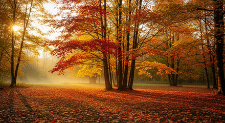 Obraz premium Scenic view of autumn forest with bright foliage and fallen leaves, representing seasonal transition, natural beauty, and serene atmosphere